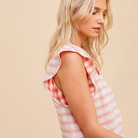 HEM & THREAD Red Plaid Flutter Sleeve Blouse, Lightweight Woven Top - Picture 6 of 6